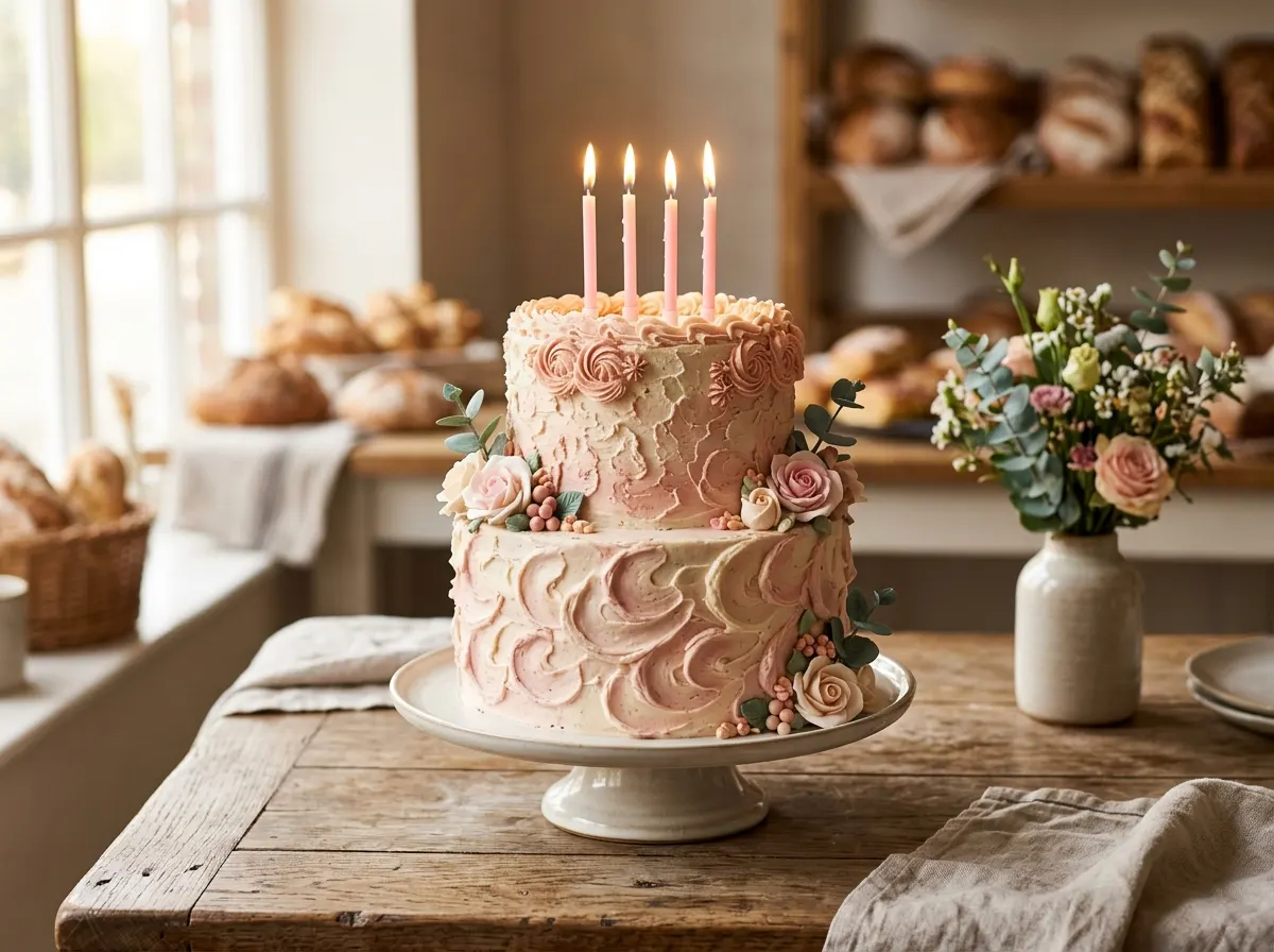Hand-decorated birthday cake with buttercream and candles