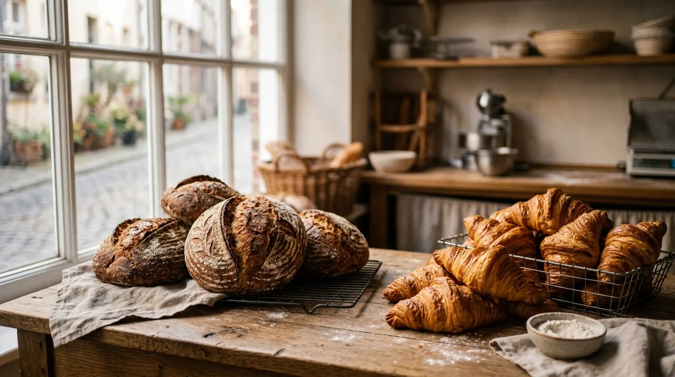 Sourdough loaves and butter croissants on the counter at Sunrise Bakery in Portland